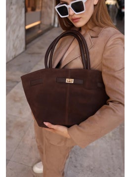Bahels Women's Dark Brown Suede Leather Magnetic Lock Detailed Hand and Shoulder Bag  - Image 2