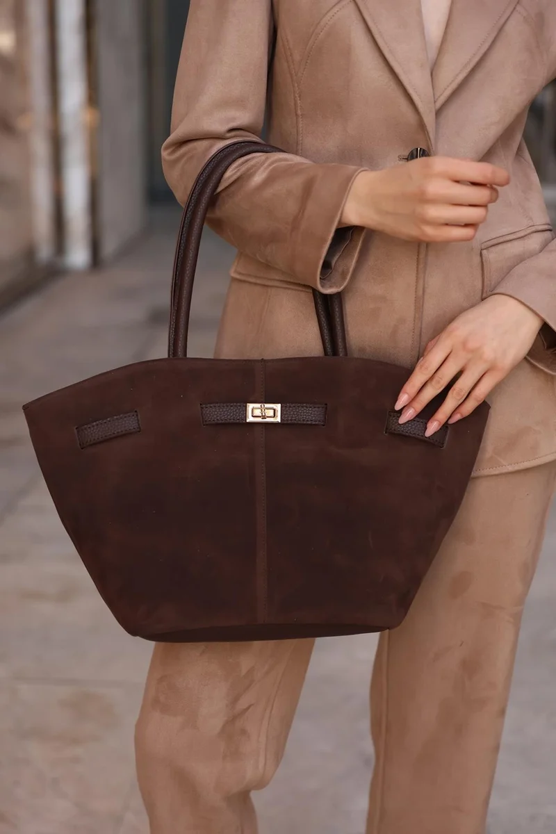 باهلس Women's Dark Brown Suede Leather Magnetic Lock Detailed Hand and Shoulder Bag