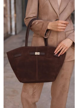 Bahels Women's Dark Brown Suede Leather Magnetic Lock Detailed Hand and Shoulder Bag  - Image 3