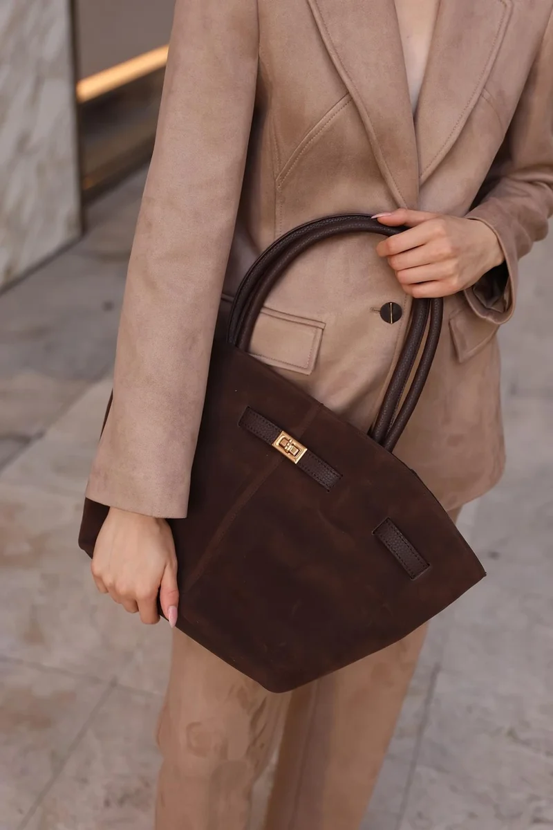 باهلس Women's Dark Brown Suede Leather Magnetic Lock Detailed Hand and Shoulder Bag