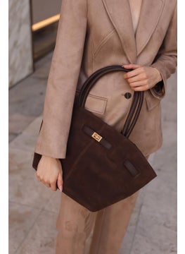 Bahels Women's Dark Brown Suede Leather Magnetic Lock Detailed Hand and Shoulder Bag  - Image 5