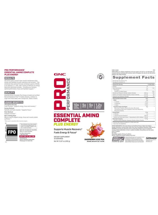 GNC Pro Performance Essential Amino Complete Plus Energy - Raspberry Iced Tea | 5g BCAA, 5g EAA Plus Energy Blend and Electrolyte Complex | 30 Servings - Image 2