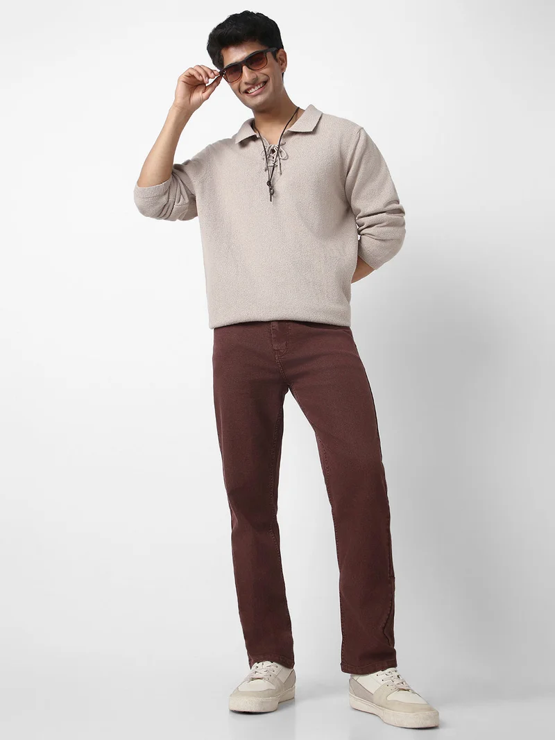 Urbano Fashion  Urbano Fashion Men's Brown Straight Fit Washed Jeans Stretchable for Men | Best Price UAE