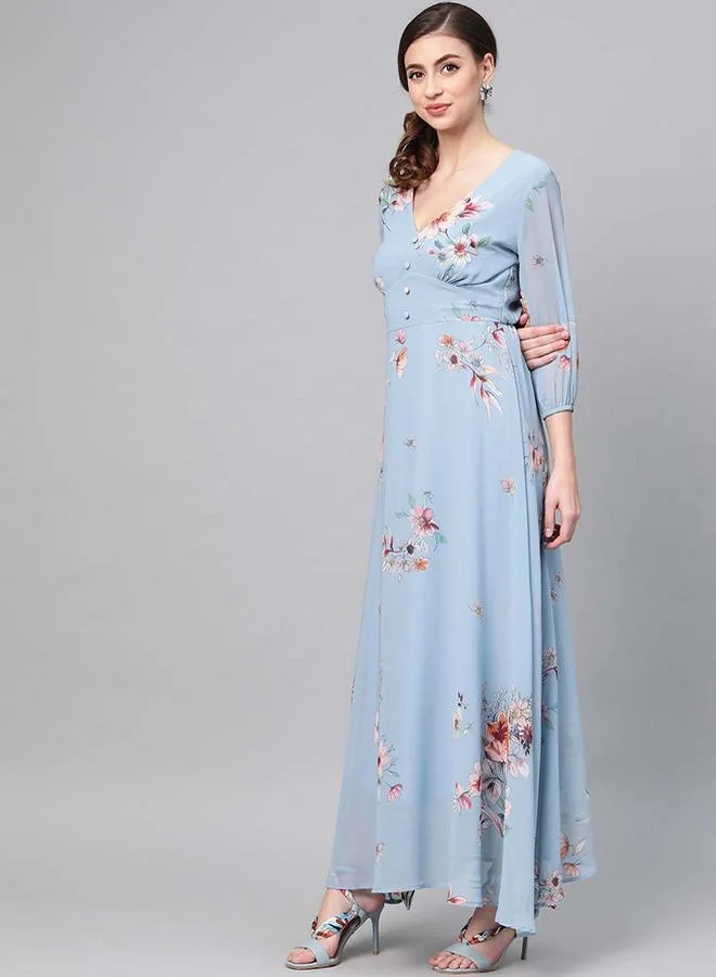 shein blue maxi dress SHEIN Lilora Women's Floral Print V-Neck Elegant Short Sleeve Dress Bl |  Dress main image 1