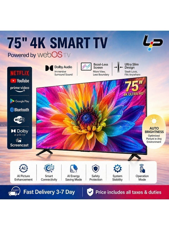 LP 75 Inch WEBOS Smart TV 4K UHD Rimless LED TV Dolby Decode Bluetooth 5.0 3HDMI 2USB For Home - Image 2
