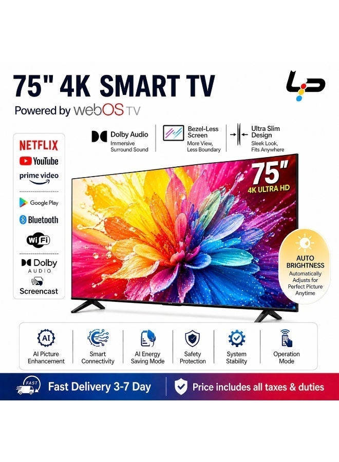 LP 75 Inch WEBOS Smart TV 4K UHD Rimless LED TV Dolby Decode Bluetooth 5.0 3HDMI 2USB For Home - Image 1