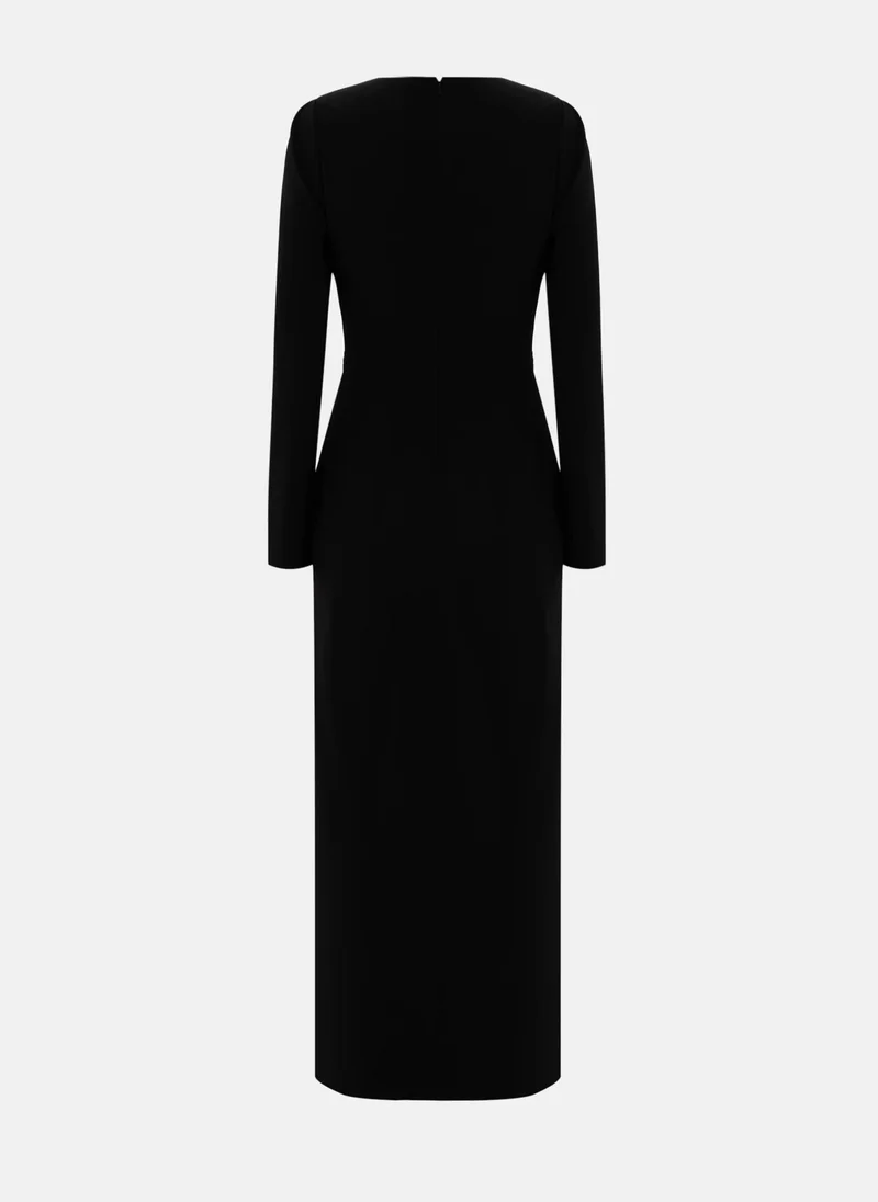 Lichi Maxi dress with draped waist and rhinestone brooch