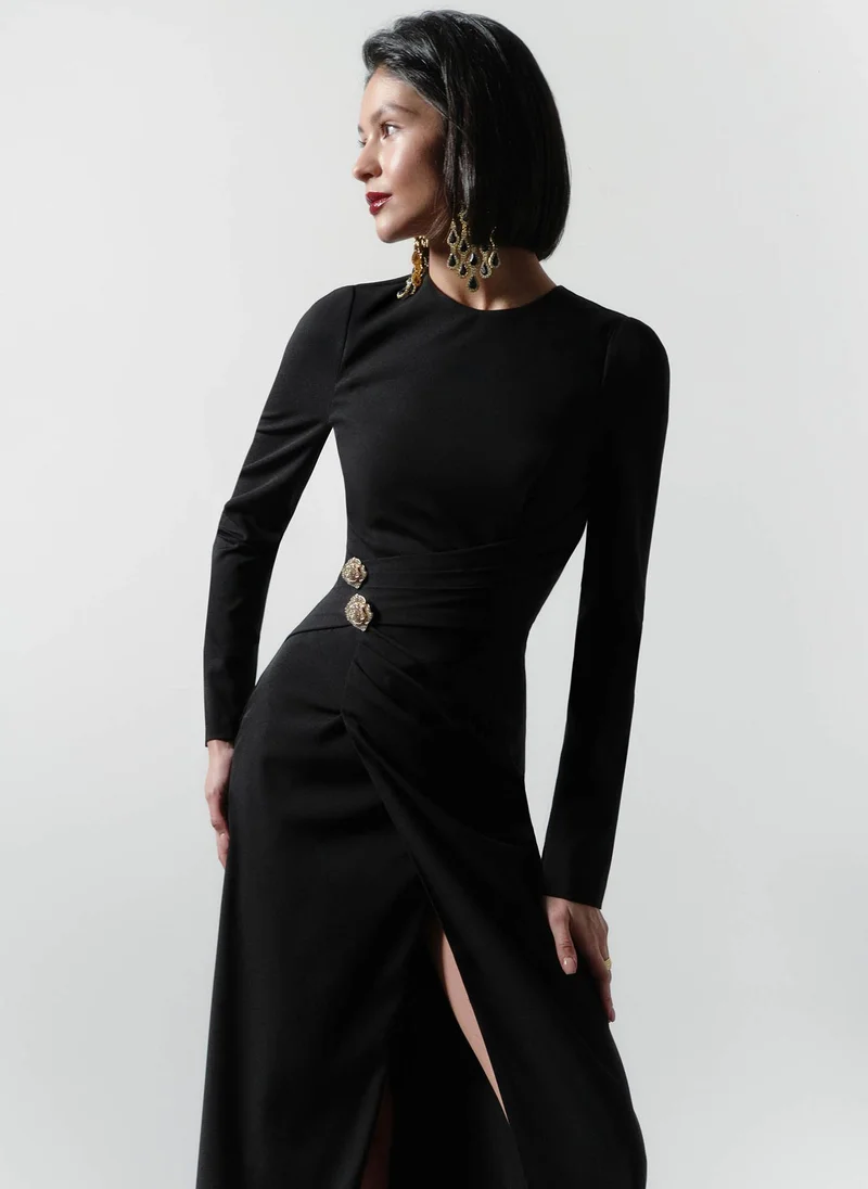Lichi Maxi dress with draped waist and rhinestone brooch