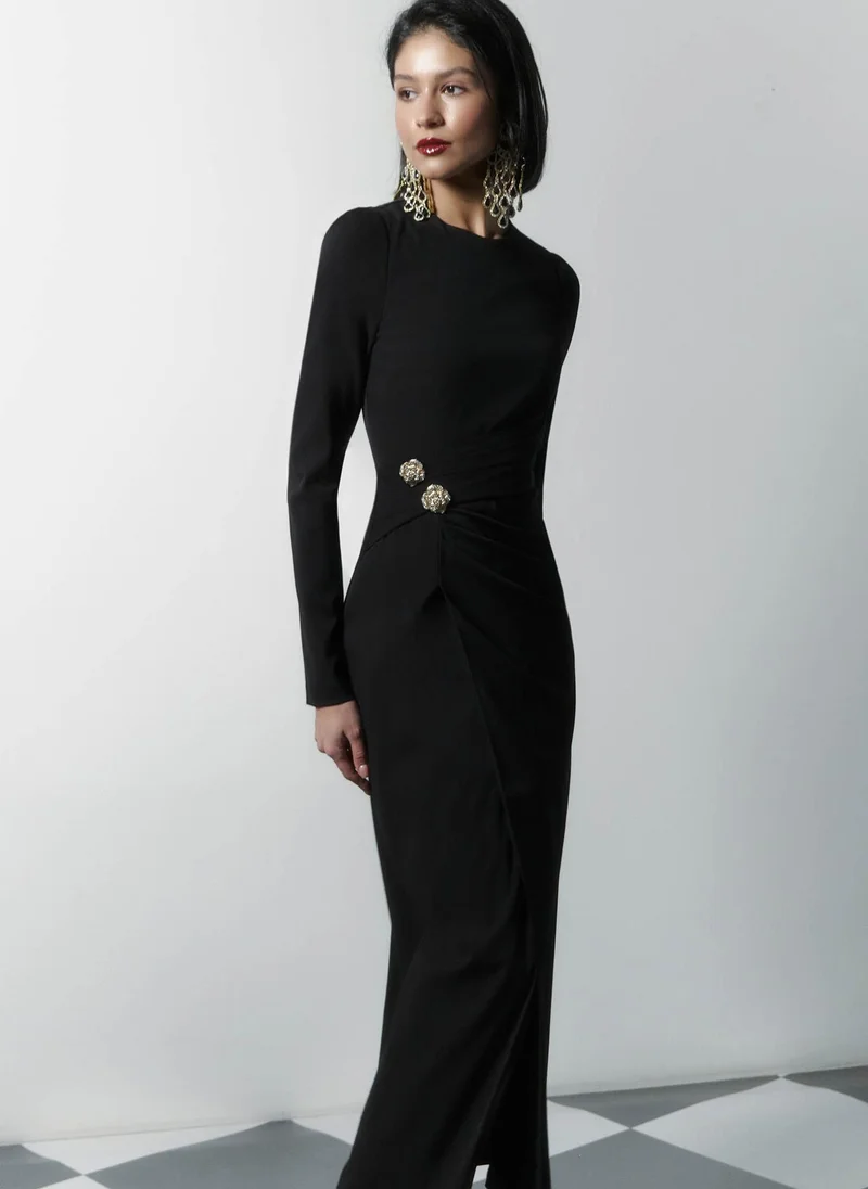 Lichi Maxi dress with draped waist and rhinestone brooch
