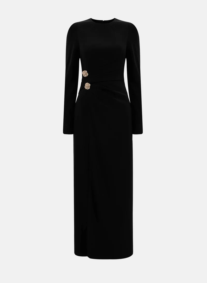 Lichi Maxi dress with draped waist and rhinestone brooch