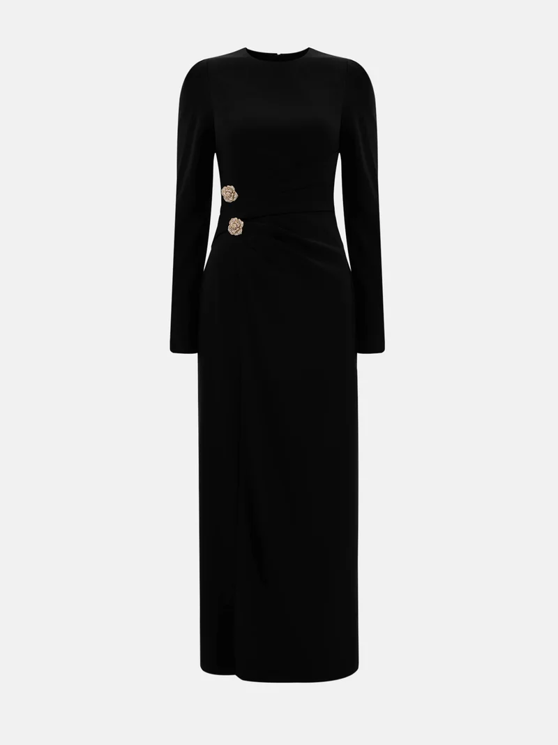 Lichi Maxi dress with draped waist and rhinestone brooch