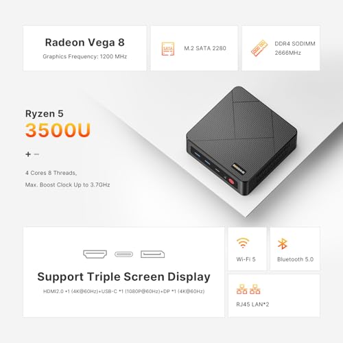 BOSGAME E4 Air Mini PC, Mini Computers with AMD Ryzen 5 3500U, 8GB DDR4 256GB SATA SSD, Dual RJ45, 4K Triple Display, USB-C, USB 3.2, Wi-Fi 5/BT 5.0, Desktop Computers for Office, Home - Image 2