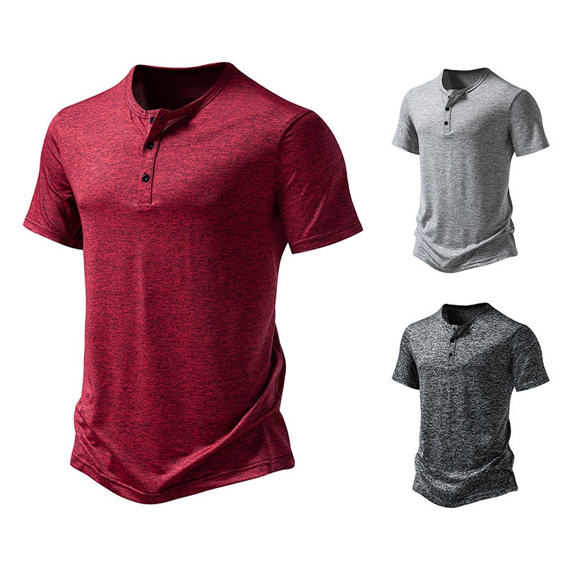 Men'S Sports Henry Collar Short-Sleeved T-Shirt Summer Half-Sleeved Solid Color Simple Pullover Half-Sleeved - Image 3
