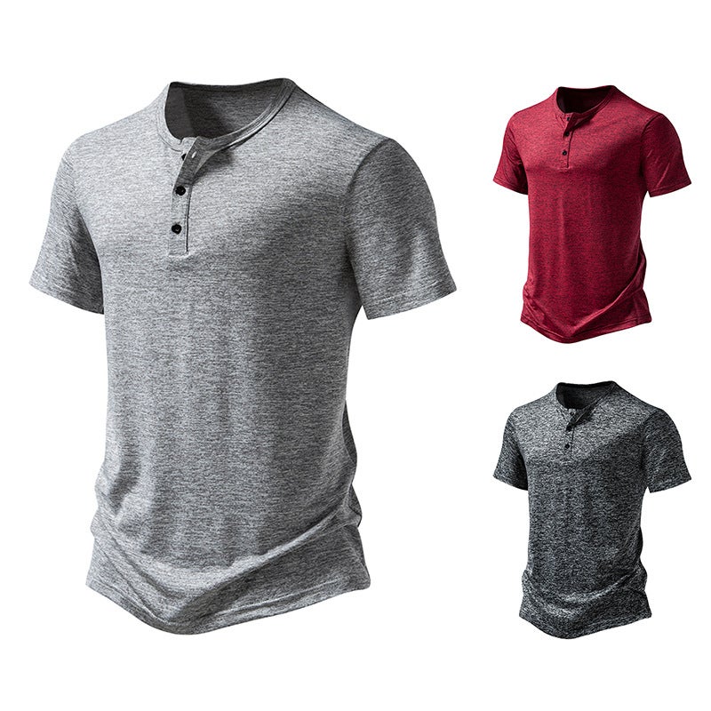 Men'S Sports Henry Collar Short-Sleeved T-Shirt Summer Half-Sleeved Solid Color Simple Pullover Half-Sleeved - Image 2