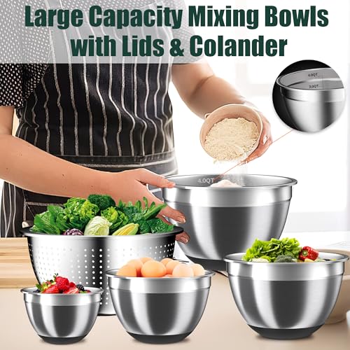 Nicdiet Mixing Bowls with Airtight Lids Set, 4 Stainless Steel Bowls Nesting Bowls & Colander, Kitchen Organizers and Storage Non-Slip Bottom, Size 1.5/2.0/2.5/4.5QT, Great for Mixing & Serving, Black - Image 4