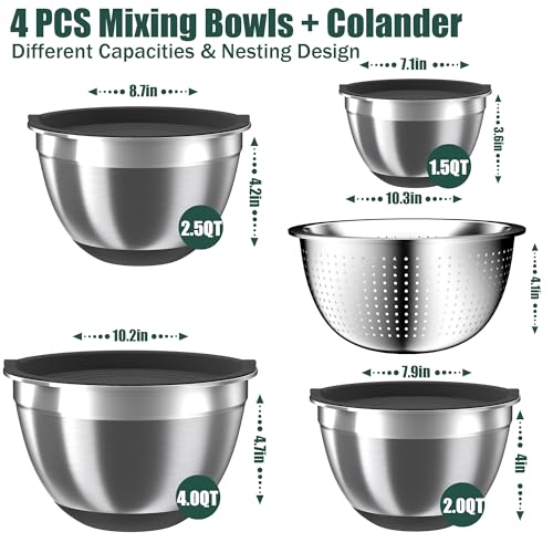 Nicdiet Mixing Bowls with Airtight Lids Set, 4 Stainless Steel Bowls Nesting Bowls & Colander, Kitchen Organizers and Storage Non-Slip Bottom, Size 1.5/2.0/2.5/4.5QT, Great for Mixing & Serving, Black - Image 2