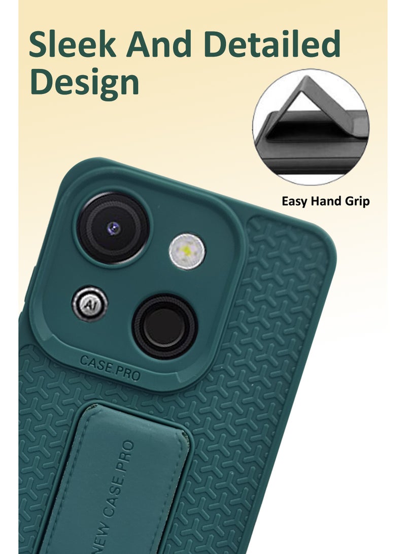 Itel A50c Semi Soft Self Designed Magnetic Back Stand Case  With Foldable Kickstand & Finger Strap | Compatible For Itel A50c - Green - Image 3