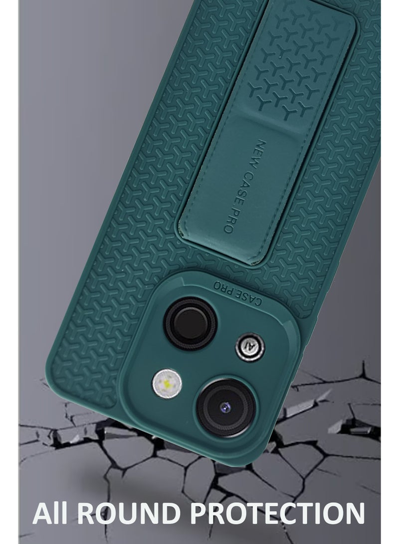 Itel A50c Semi Soft Self Designed Magnetic Back Stand Case  With Foldable Kickstand & Finger Strap | Compatible For Itel A50c - Green - Image 4