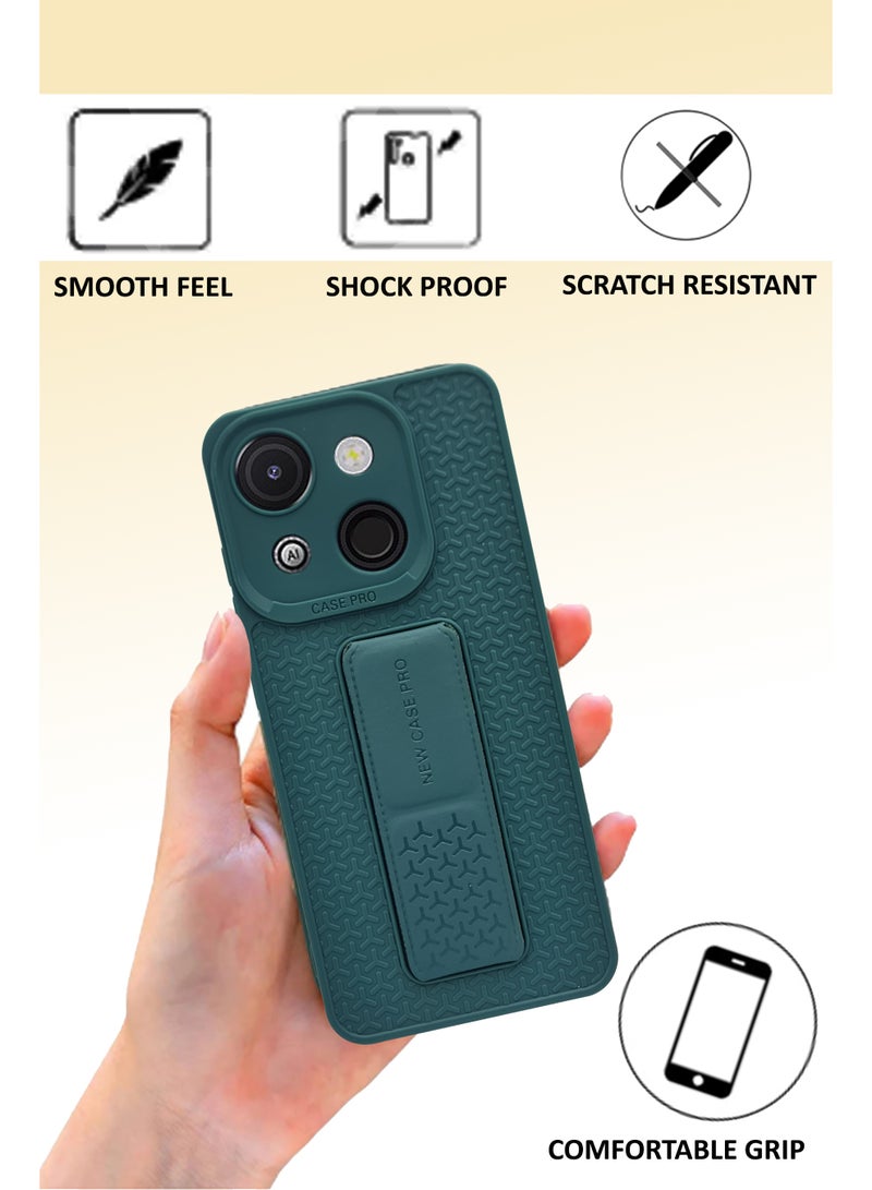 Itel A50c Semi Soft Self Designed Magnetic Back Stand Case  With Foldable Kickstand & Finger Strap | Compatible For Itel A50c - Green - Image 2