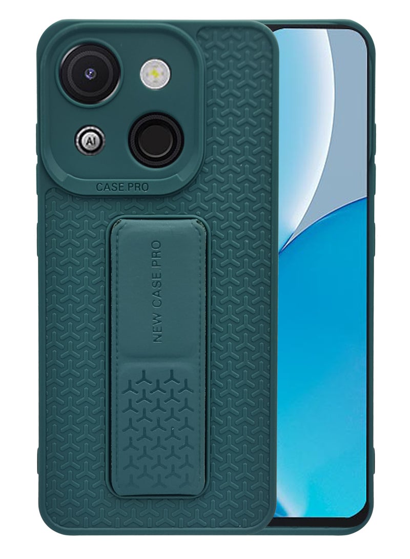 Itel A50c Semi Soft Self Designed Magnetic Back Stand Case  With Foldable Kickstand & Finger Strap | Compatible For Itel A50c - Green - Image 1