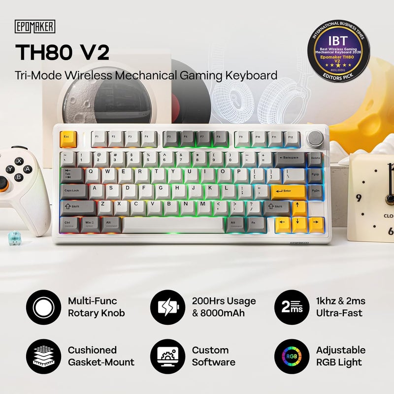 EPOMAKER TH80 V2 75% Wireless Mechanical Keyboard with Metal Knob, 8000mAh, 2.4Ghz/BT/USB-C, RGB, Hot Swap, Custom Driver, PBT Keycap, Wireless Gaming Keyboard for PC/Mac (White, Creamy Jade) - Image 2