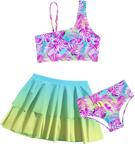 RAISEVERN Girls Swimsuit 5T 3 Piece Hawaiian Bathing Suit Size 6 Adjustable Spaghetti Strap Palm Leaf Luau Bikini Sets with Ruffle Cover Ups Beach Skirt Cute Quick Dry Tankini Summer Swimwear - Image 1