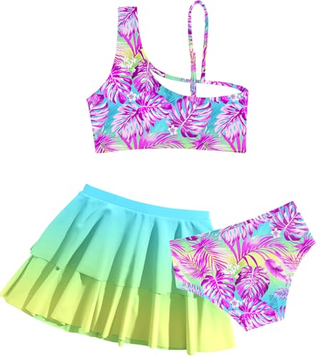 RAISEVERN Girls Swimsuit 5T 3 Piece Hawaiian Bathing Suit Size 6 Adjustable Spaghetti Strap Palm Leaf Luau Bikini Sets with Ruffle Cover Ups Beach Skirt Cute Quick Dry Tankini Summer Swimwear - Image 2