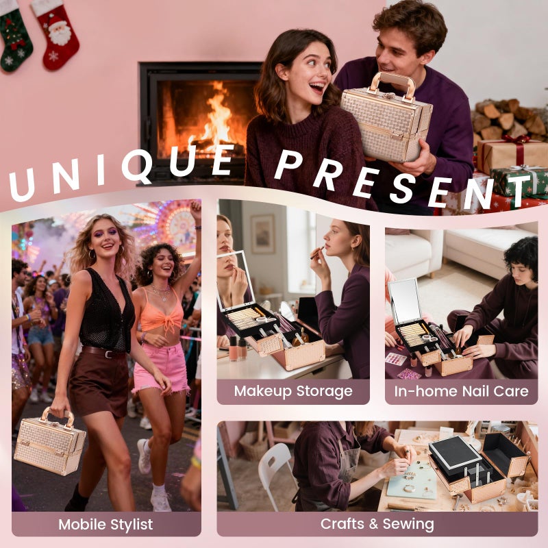 Joligrace Beauty Makeup Train Case for Lady Portable Cosmetic Box Jewelry Organizer Lockable with Keys and Mirror 2-Tier Trays Carrying with Handle Makeup Storage Box - Rose Gold - Image 2