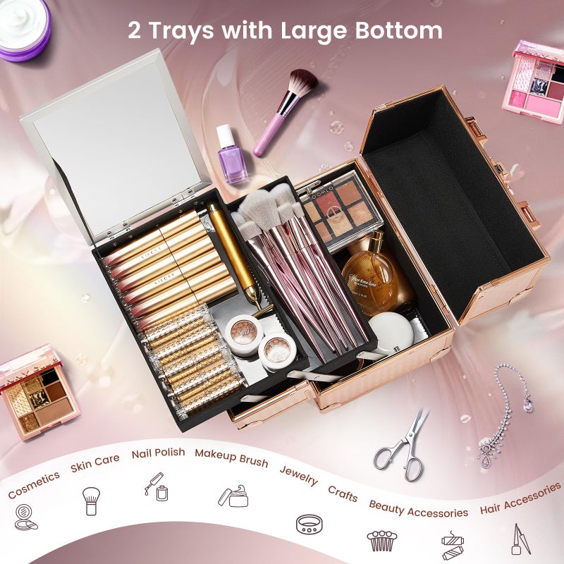 Joligrace Beauty Makeup Train Case for Lady Portable Cosmetic Box Jewelry Organizer Lockable with Keys and Mirror 2-Tier Trays Carrying with Handle Makeup Storage Box - Rose Gold - Image 3