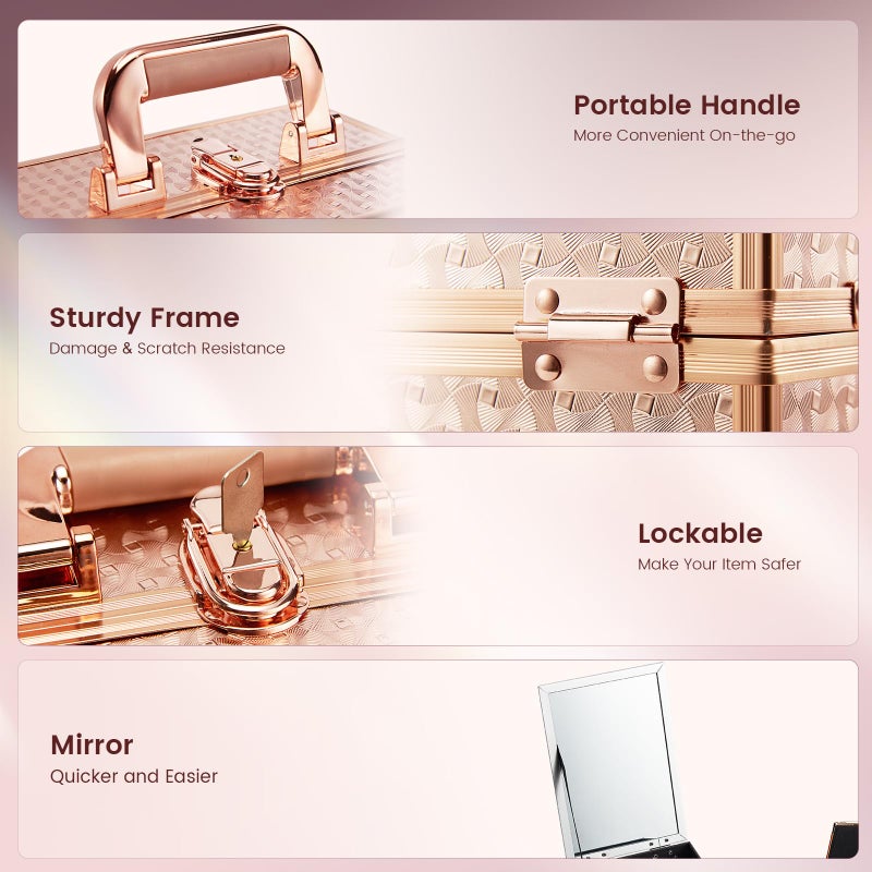 Joligrace Beauty Makeup Train Case for Lady Portable Cosmetic Box Jewelry Organizer Lockable with Keys and Mirror 2-Tier Trays Carrying with Handle Makeup Storage Box - Rose Gold - Image 4