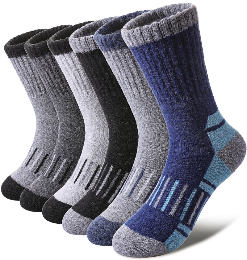 LINEMIN Kids Merino Wool Hiking Socks Toddlers Boys Girls Winter Warm Thick Thermal Boot Cushion Crew Socks 6 Pairs (8-12 Years, Mix Color Hiking Socks) - Image 1