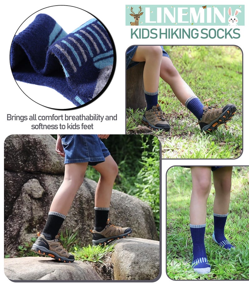 LINEMIN Kids Merino Wool Hiking Socks Toddlers Boys Girls Winter Warm Thick Thermal Boot Cushion Crew Socks 6 Pairs (8-12 Years, Mix Color Hiking Socks) - Image 3