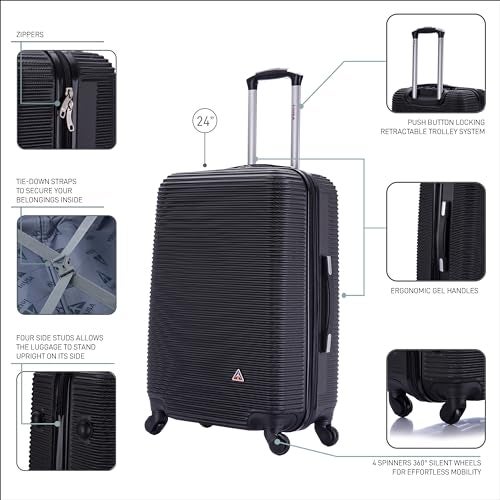 InUSA ROYAL Hardside Spinner Luggage with Ergonomic Handles | Spacious Travel Suitcase with Four Spinner Wheels and Studs | 24 Inch Medium Hardside Spinner Luggage | Black - Image 3