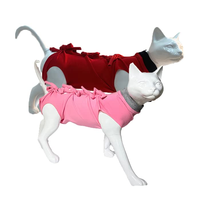 A+a Pets ' Cat Everyday Clothing, for Post Surgery Recovery, Abdominal Wounds or Skin Diseases | Breathable Cotton (Red & Pink, M) - Image 1