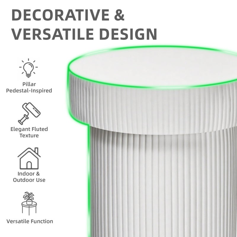 Ultym Side Table, 24" Pedestal End Table, 3-in-1 Durable Lightweight Round Coffee Table, Decorative Patio Accent Table Fluted Garden Stool Art Decor for Poolside, Balcony, Living Room,White - Image 4