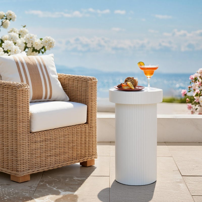 Ultym Side Table, 24" Pedestal End Table, 3-in-1 Durable Lightweight Round Coffee Table, Decorative Patio Accent Table Fluted Garden Stool Art Decor for Poolside, Balcony, Living Room,White - Image 3