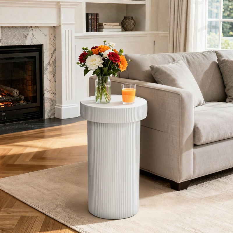 Ultym Side Table, 24" Pedestal End Table, 3-in-1 Durable Lightweight Round Coffee Table, Decorative Patio Accent Table Fluted Garden Stool Art Decor for Poolside, Balcony, Living Room,White - Image 1