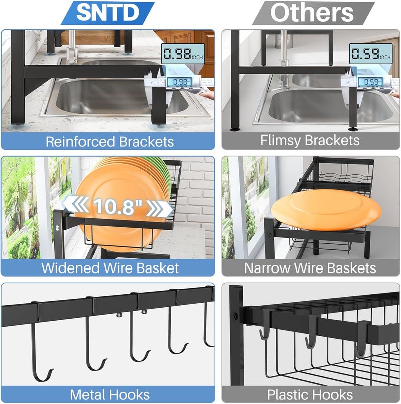 SNTD رف تجفيف الأطباق فوق الحوض من SNTD، عرضه قابل للتعديل (من 26.8 إلى 34.6 بوصة)، رف تجفيف الأطباق مزدوج الطبقات لتنظيم وتخزين المطبخ، يحتوي على حامل للإسفنج وعلبة لحمل الأكواب، لون أسود؛ طوله قابل للتعديل، مقاوم للصدأ، يحتوي أيضًا على حامل للأدوات، حامل للأكواب، حامل للوح التقطيع، حامل للسكاكين، حامل للإسفنج وخطافات - Image 4