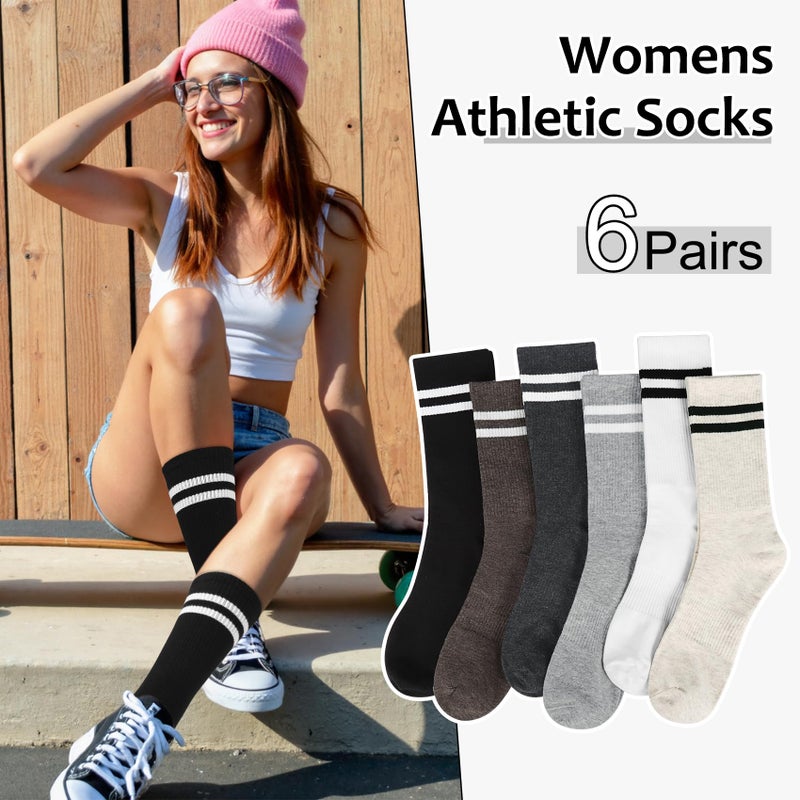 Justay 6 Pairs Striped Crew Socks - Cute Casual Long Athletic Running Tube Calf Cotton Socks for Women Gifts - Image 5