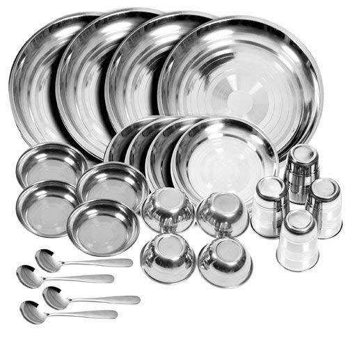ZINGARO Special Diwali Giftpuja Use fpr Kitchen Stainless Steel Dinner Set of 24 Pcs 4 Pcs Thali 4 Pcs Half Plate 4 Pcs Small Plate 4 Pcs Bowl 4 Pcs Glass 4 Pcs Spoon - Image 1
