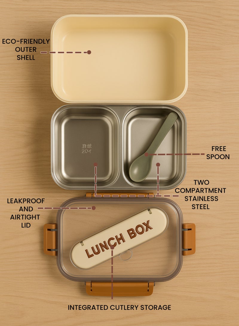 Toshionics Stainless Steel Classic Lunchbox 1.4L – Bento Meal Box with 2 Compartment, Spoon and Integrated Cutlery Slot on Lid – Freezer, Dishwasher and Microwave Safe, Leakproof and Airtight with Dual Compartment, BPA-Free, Lightweight, Durable Food Container for Adults and Kids – Home, Office, School, Daycare, Travel – 20x14x5 cm - Image 2