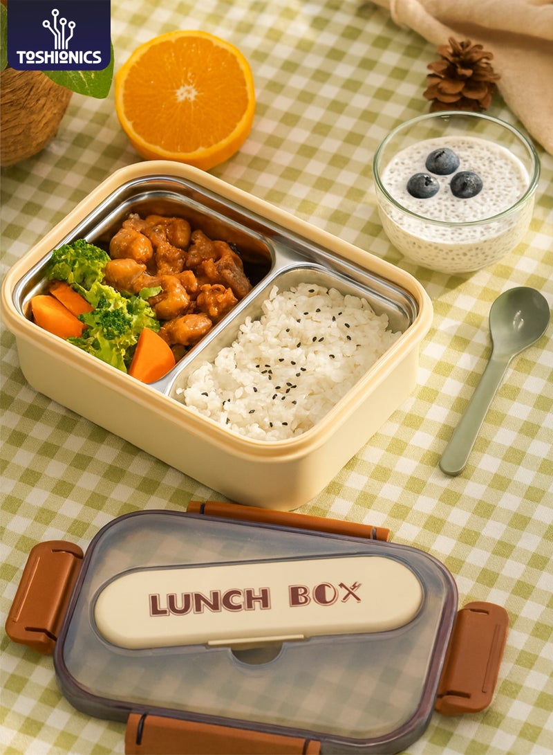 Toshionics Stainless Steel Classic Lunchbox 1.4L – Bento Meal Box with 2 Compartment, Spoon and Integrated Cutlery Slot on Lid – Freezer, Dishwasher and Microwave Safe, Leakproof and Airtight with Dual Compartment, BPA-Free, Lightweight, Durable Food Container for Adults and Kids – Home, Office, School, Daycare, Travel – 20x14x5 cm - Image 1
