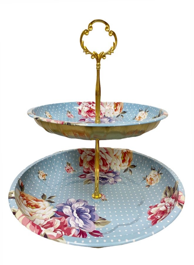 Charmed Vintage Floral Pattern 2 Tier Cake and Pastry Stand Server (Blue) - Image 2