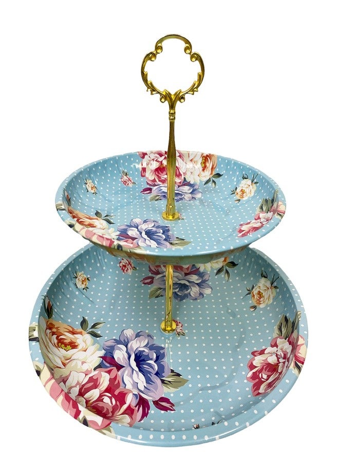 Charmed Vintage Floral Pattern 2 Tier Cake and Pastry Stand Server (Blue) - Image 1