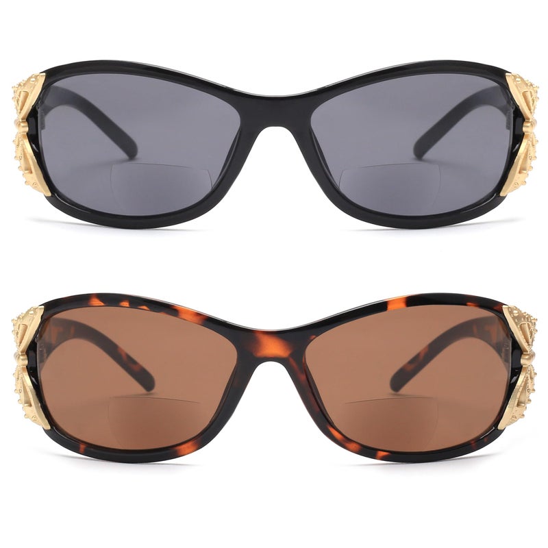 JM 2 Pack Bifocal Reading Sunglasses for Women Fashion Sun Readers Outdoor Reading Glasses UV400 Protection Black & Tortoise +2.0 - Image 2