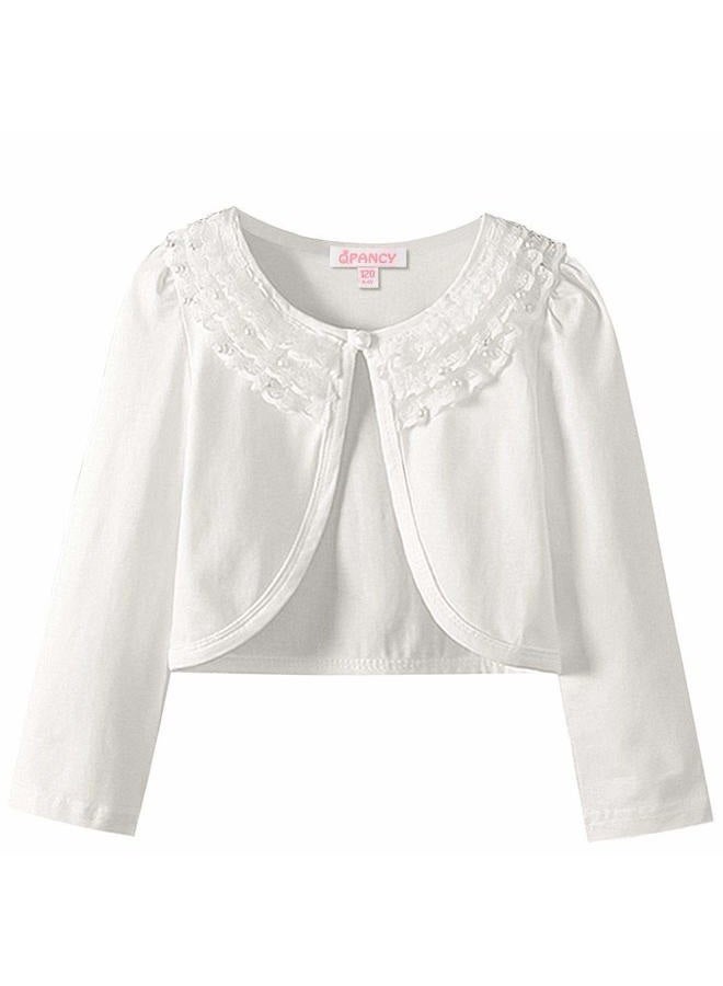 QPANCY Girls Shrugs Lace Bolero Long Sleeve Cardigan Party Church Dress Cover Up, Ivory Pearl, 3-4T - Image 1