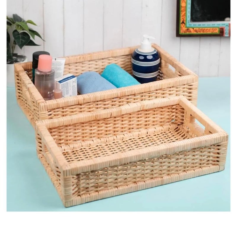 Modern Basket Hand Woven Small Rattan Wicker Basket for Bathroom | Wicker Basket With Handles Decorative Tray Wardrobes/towels/bathroom Organizer (S02) 