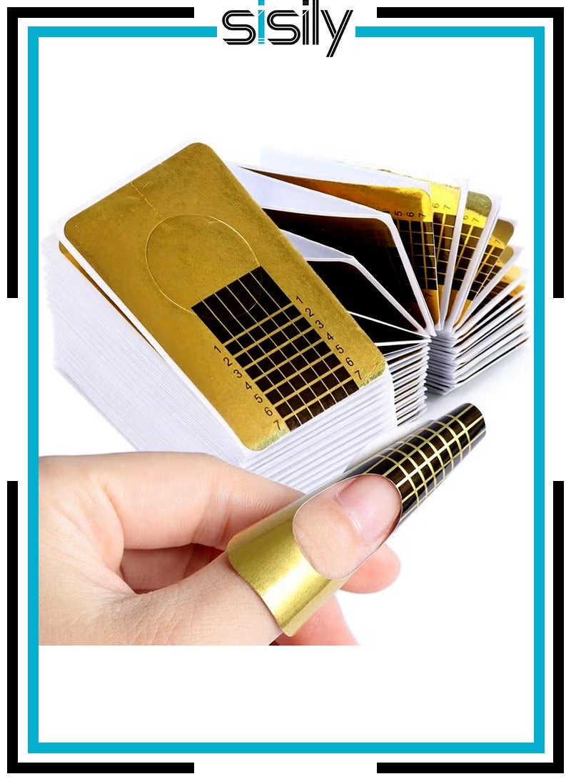 Sisily 100 pcs Durable Golden Rectangle Nail Forms with Self-Adhesive and Tips Guide for UV Gel Nail Extensions - Perfect for DIY Enthusiasts and Learners - Image 1