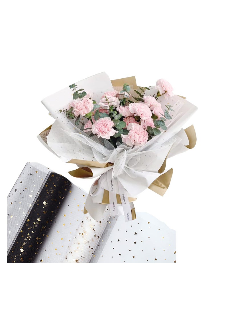 2 Rolls Tulle Flower Wrapping Paper Moldable Mesh Sequin Wrappers Floral Bouquet Gift Package Paper Roll Florist Packaging Supplies for Birthday Wedding Holiday Craft Decoration, White+Black - Image 1