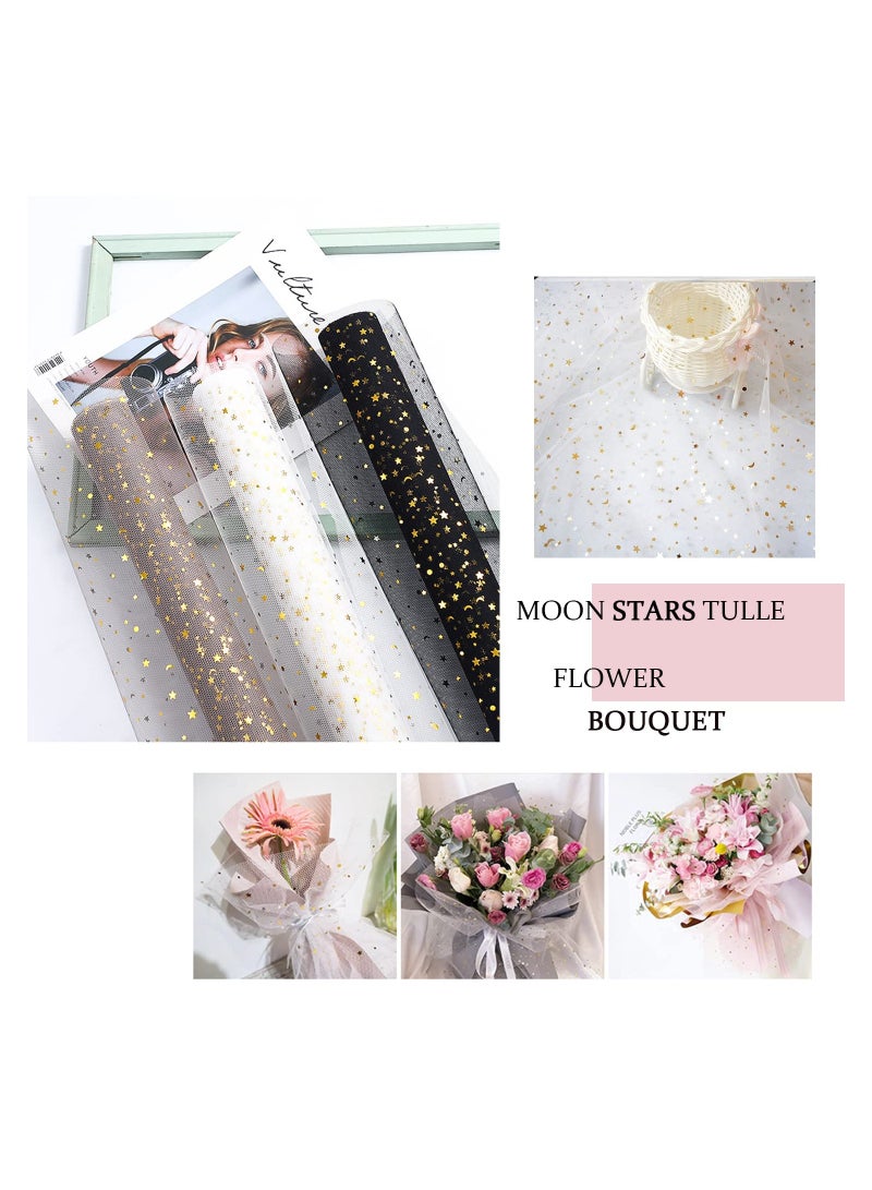 2 Rolls Tulle Flower Wrapping Paper Moldable Mesh Sequin Wrappers Floral Bouquet Gift Package Paper Roll Florist Packaging Supplies for Birthday Wedding Holiday Craft Decoration, White+Black - Image 4